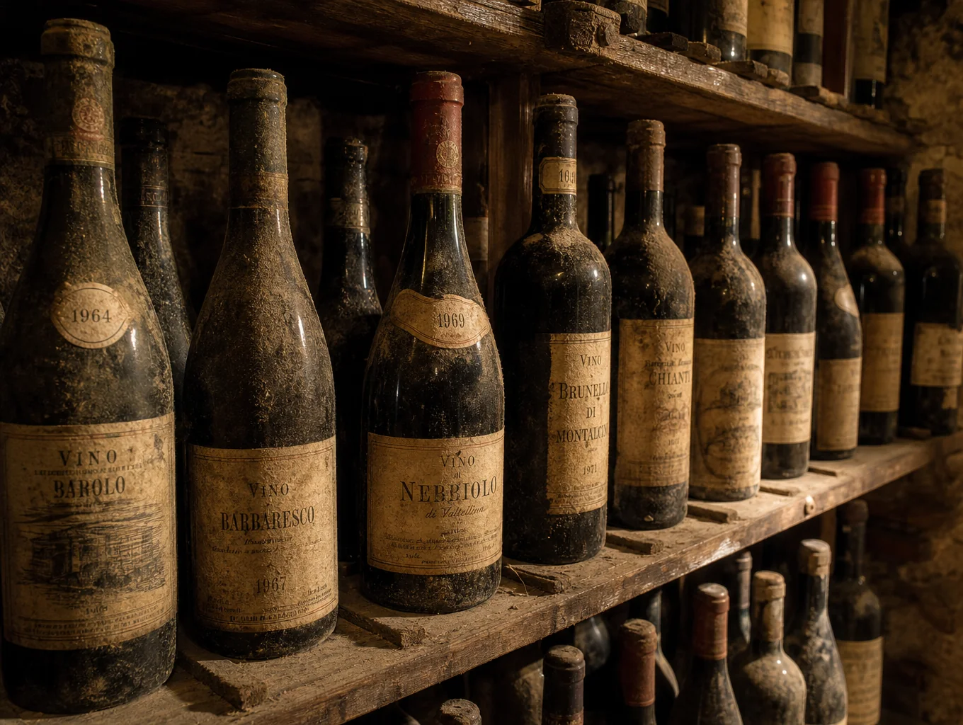 Natural wine bottles resting on rustic cellar shelves